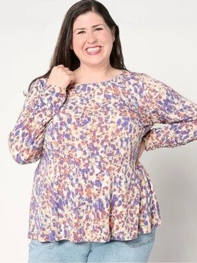 Susan Graver Printed Liquid Knit Bateau Neck Long Sleeve Peplum Top Women 2X NEW